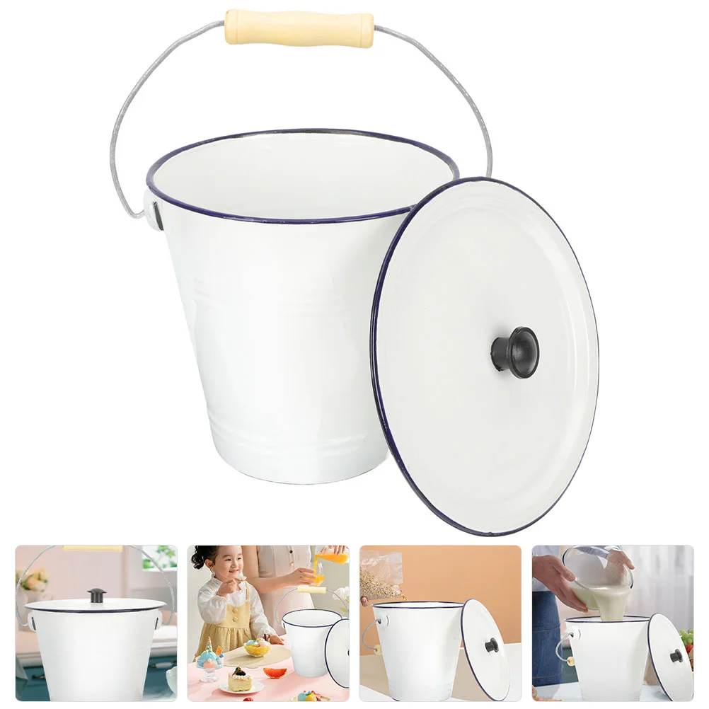 

Enamel Bucket with Lid Metal Can Waste Basket Milk Buckets Container Laundry Room Organization and Storage Small Trash Wooden