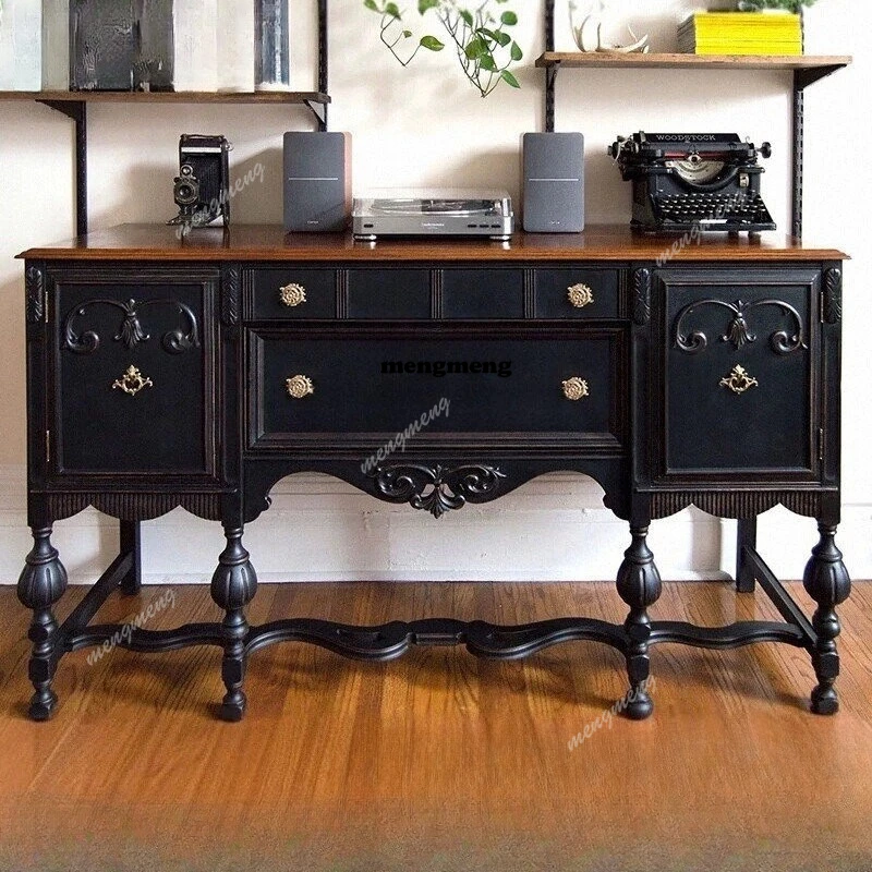 American light luxury solid wood dining side cabinet carved living room decorative storage cabinet French foyer entrance table