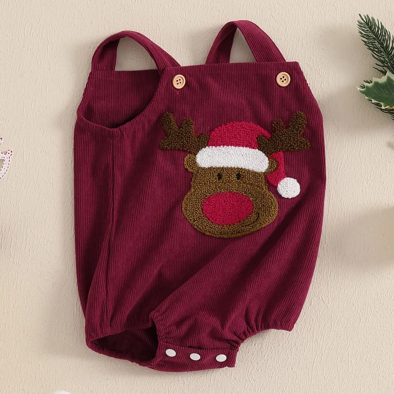 RUEWEY 0 to 18 Months Christmas Baby Girl Corduroy Bodysuit Casual Elk/Christmas Tree Embroidery Sleeveless Jumpsuit for Newborn