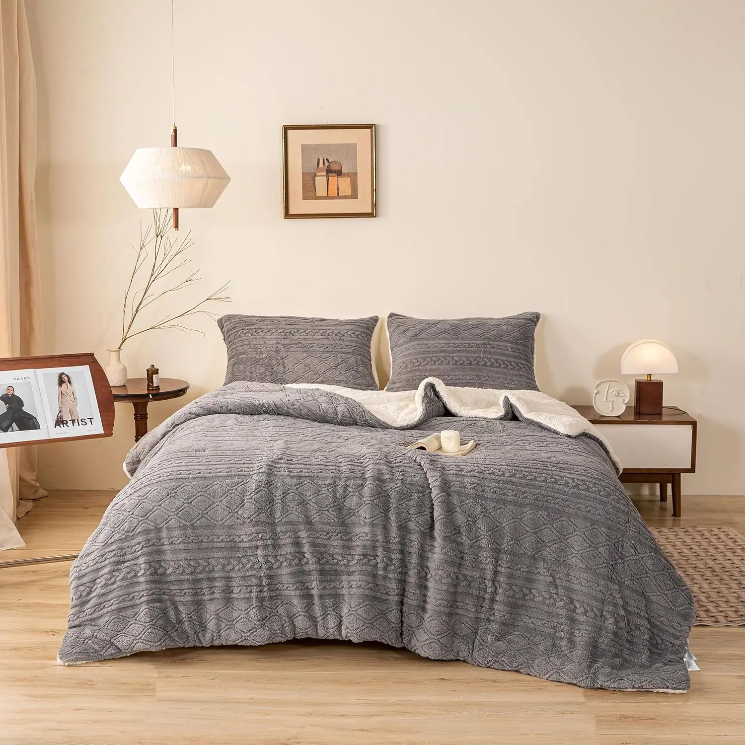 

Ultra-Soft Warm Plush Sherpa Fleece Down Comforter - Boho Tufted 3D Jacquard Thick Bedding Comforter Set Fluffy Surface