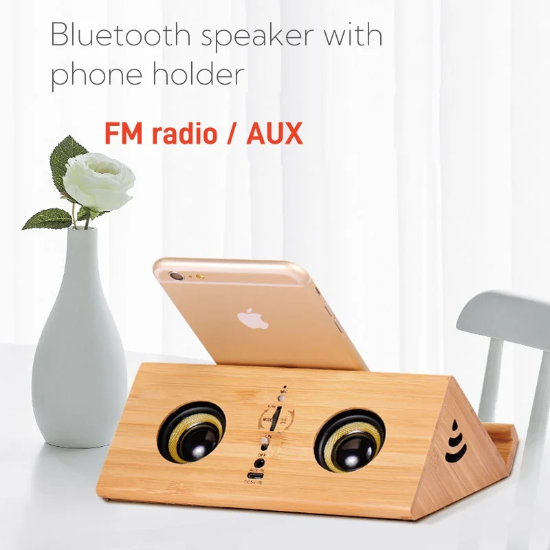 Wooden Inductive Connection Mini Sound Box Portable Caixa De Som Bluetooth Speaker with FM Radio Phone Holder Stereo Subwoofer