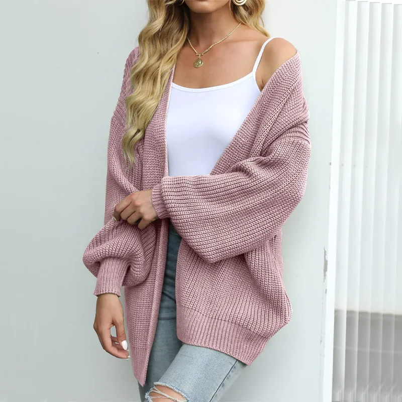 

Autumn and Winter soft solid Pocket Knitted Sweater Women's Jacket casual oversized Lantern Sleeve Knit Cardigan coats for women