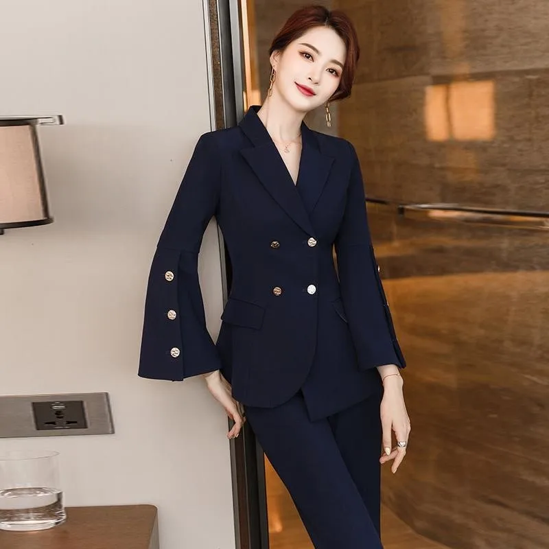 

Commuting Red and Navy Blazer Office Set For Women Japanese Trend Professional Attire Fashionable Work Suit Coat Pants