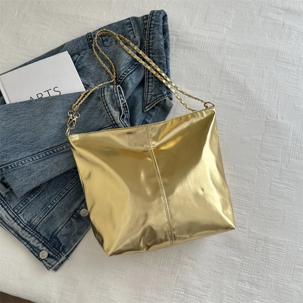 Retro Shiny PU Leather Tote Bag Large Capacity Purse Chain Shoulder Bag Solid Color Shopping Bag Women Handbag Party