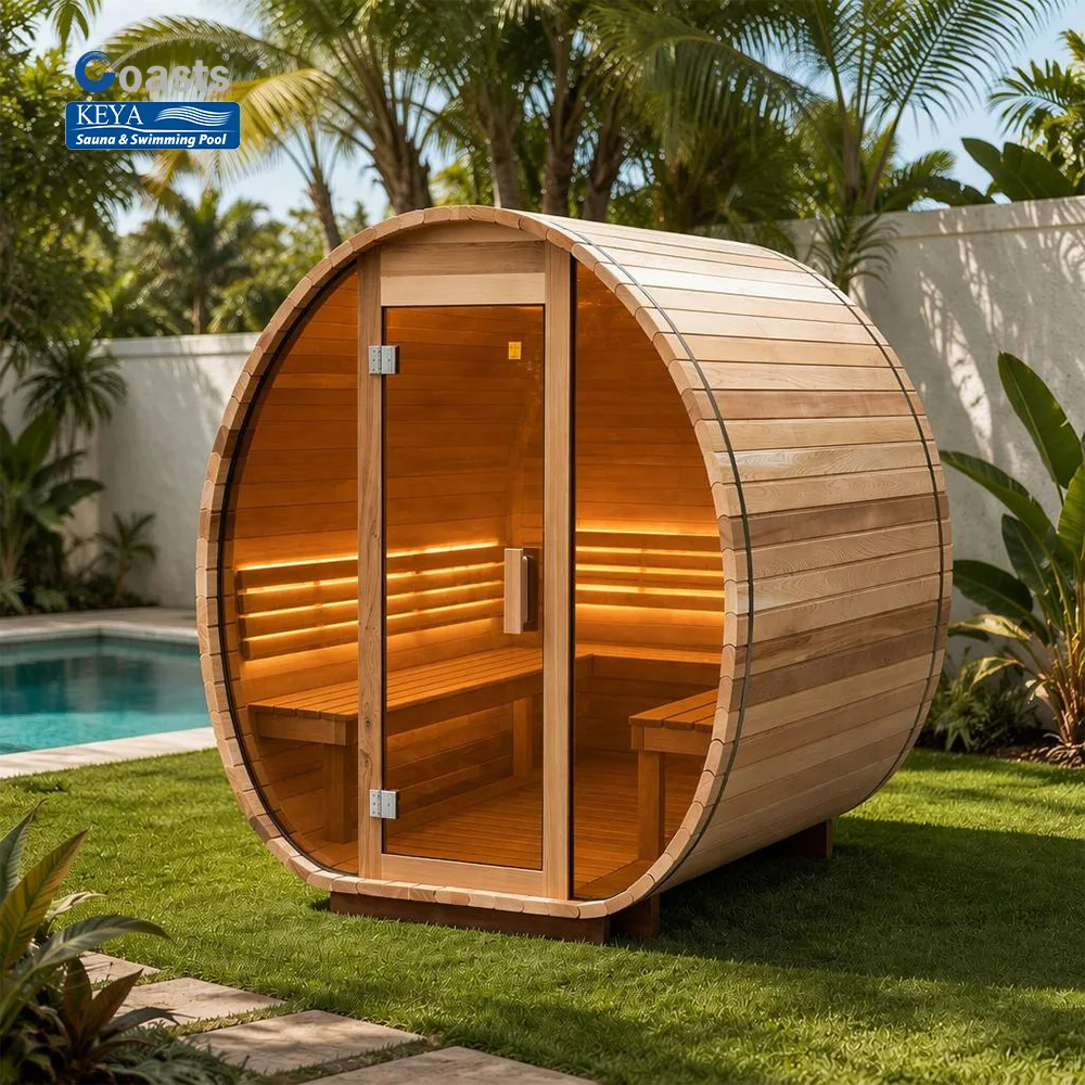Durable Red Cedar Outdoor Barrel Sauna ETL Safety Standard Smart WiFi Enabled Home Spa For Premium Residential Estates