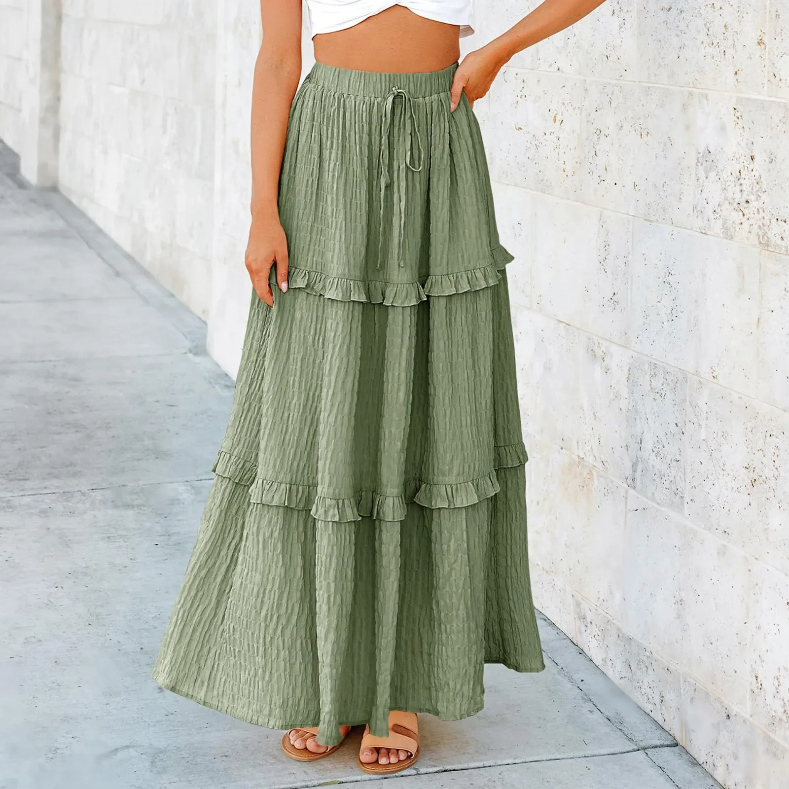 Elegant Midi Skirt Fluffy Cake Skirt Drawstring Waist Cinching Dress Sexy Big Skirt Women Hem Skirt Girl French Style Schoolgirl