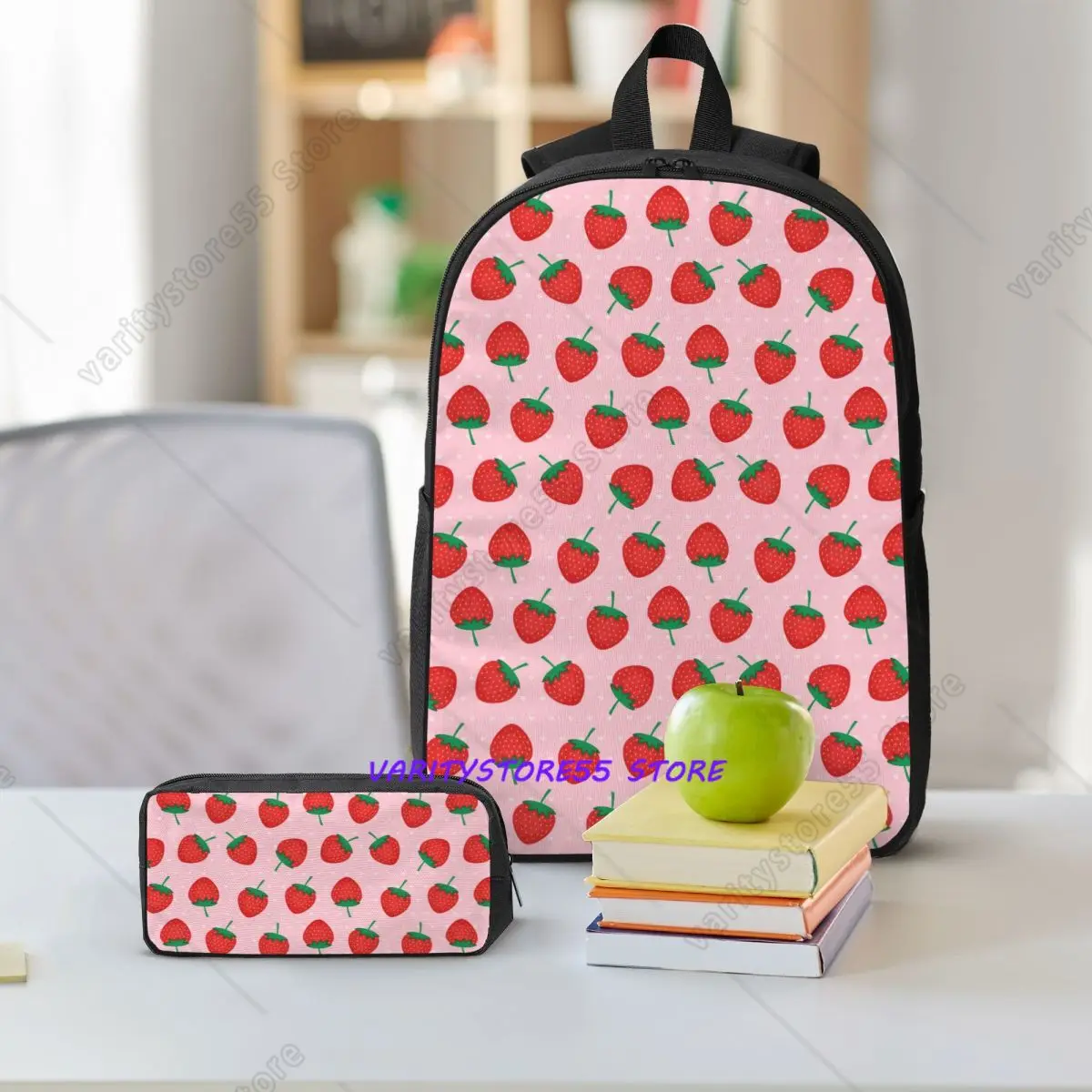 Pink Summer Strawberries Print Backpack Boys Girls BookBag School Bag Shoulder Bags 3ps Insulated Lunch Bag Pencil Case