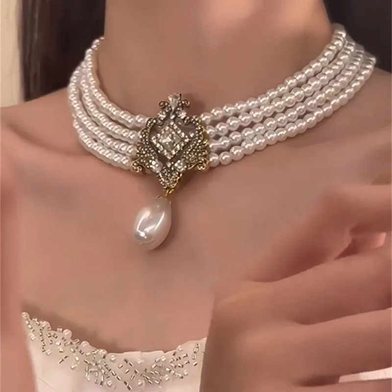 Multi-layer Pearl Pattern Water Drop Pearl Pendant Necklace 