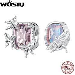 WOSTU 925 Sterling Silver Pink Dragonfly Charm Geometry Square Transparent Glass Beads Fit Original Bracelet Dreamy Jewelry Gift