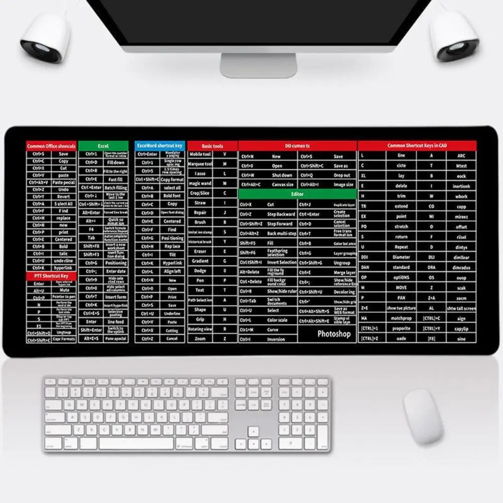 Alfombrilla de ratón para teclado con Software de oficina, tapete de ratón de impresión, tecla rápida, tapete de teclado súper grande, atajos de teclado