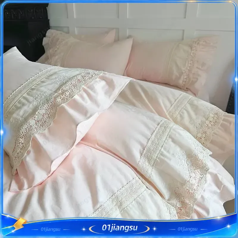 Pink Vintage Double Layer Lace Ruffles 100% Cotton Bedding Set Duvet Cover Bed Sheet Bed Skirt Fitted Sheet Pillowcases 4Pcs