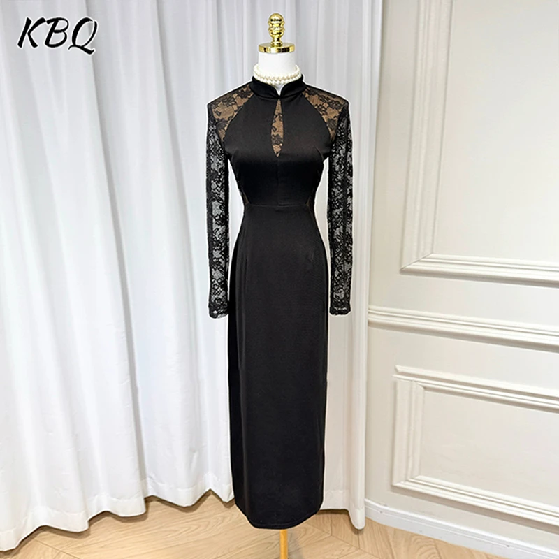 

KBQ Solid Temperament Slimming Lace Dresses For Women Stand Collar Long Sleeveless Hollow Out Chic Tunic Split Dress Female New