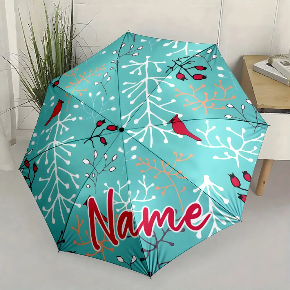 Custom Name Umbrella Colorful Umbrella with Bird and Branch Print 8 Iron Ribs Folding Umbrella Auto-Open Fashion Sunshade