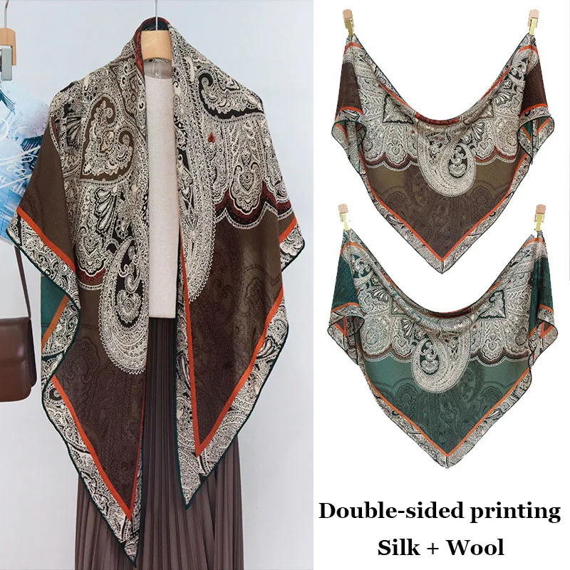 

Новая винтажная шелково-шерстяная треугольная шаль, 190 см, дизайнерская, с двусторонней печатью, пашмина, с ручной отделкой краев, бандана, в стиле Quiet Luxury