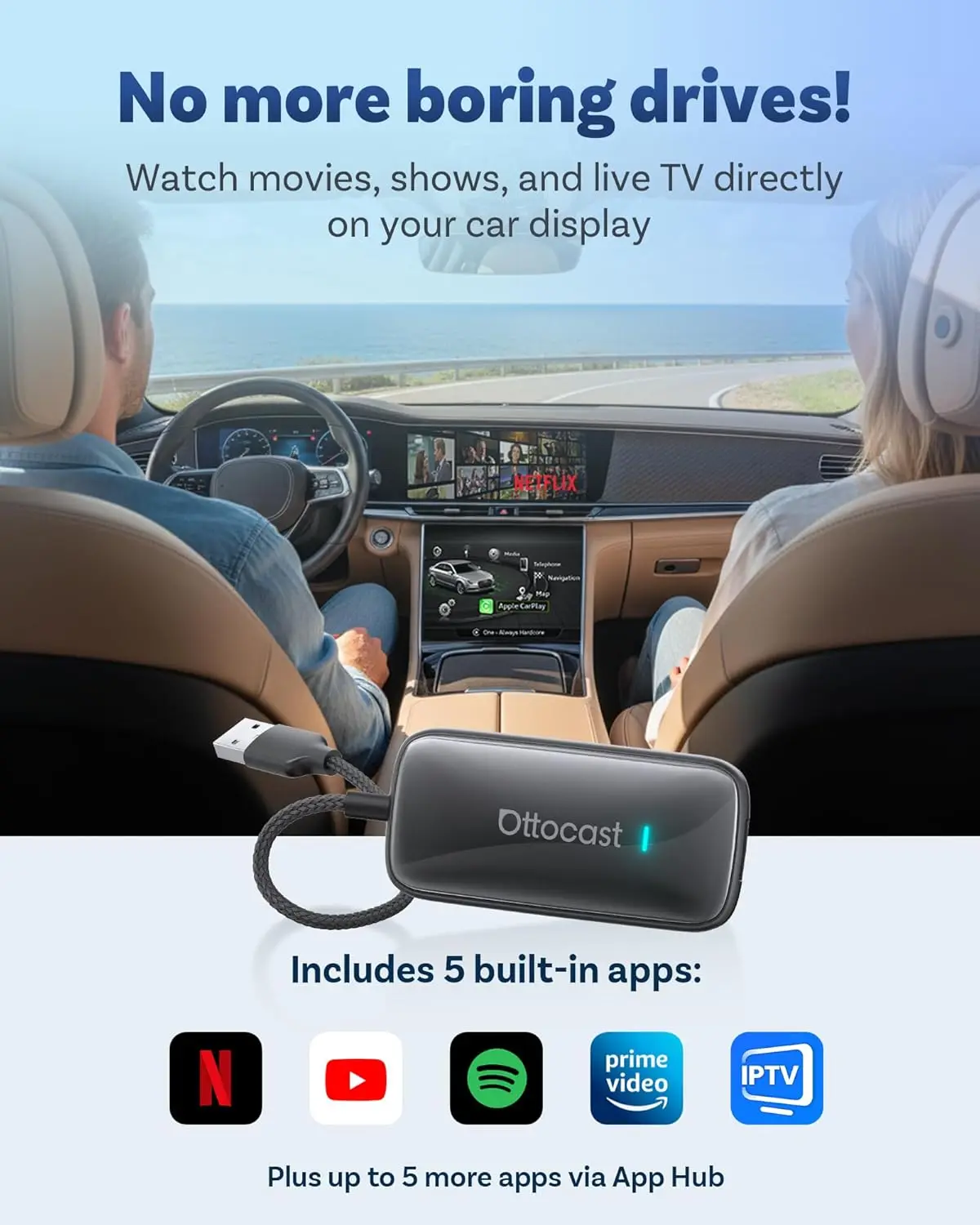 محول Play2Video Wireless CarPlay Android Auto مع مشغل فيديو مدمج لـ Netflix، YouTube، IPTV - توصيل وتشغيل البث D