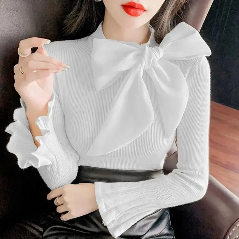 Elegant Solid Color Flare Sleeve Knitted Bow Blouse Women\'s Clothing 2022 Autumn New All-match Casual Pullovers Loose Sweet Shir