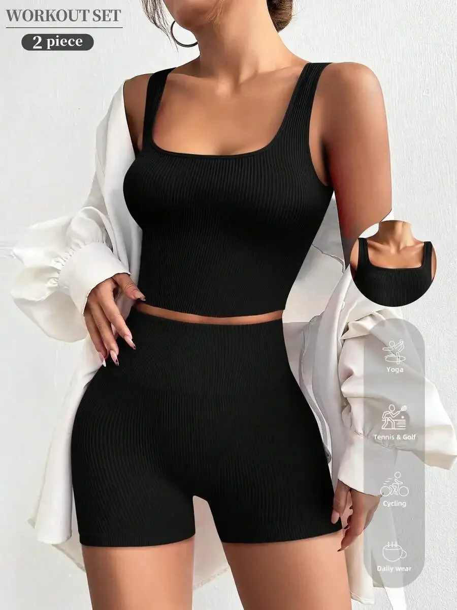 

Womens Seamless Ribbed Yoga Set Sports Bra High Waist Shorts Gym Athletic Outfit