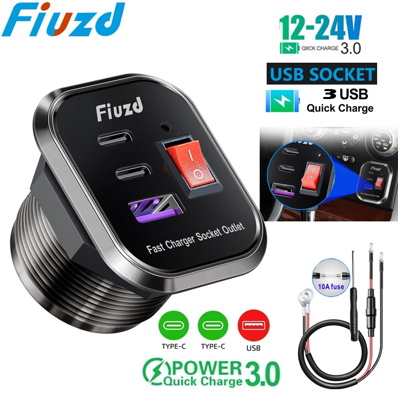

Car Charger Socket Double PD & QC3.0 USB C Ports with LED 54W Fast Charging 12V/24V For Moto Adapter
