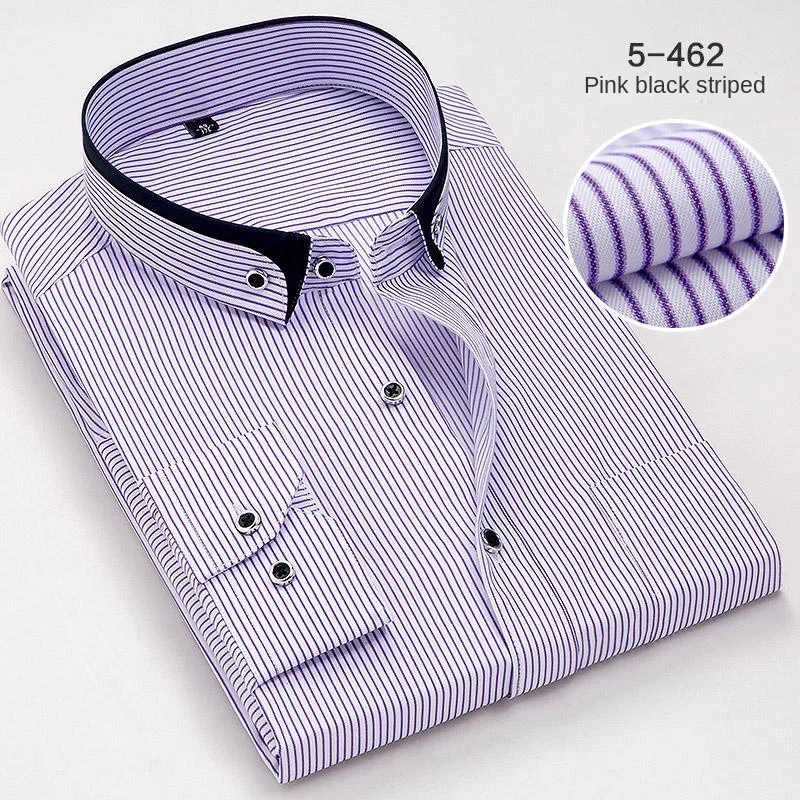 Camicia a righe con colletto in stile cinese da uomo camicia da lavoro non stirata a maniche lunghe da uomo in tinta unita, abbigliamento da strada