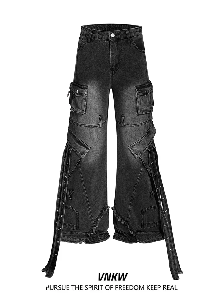 

American High Street Style Workwear Denim Pants Loose Wide Leg Long Trousers Multi Pocket Unisex Casual Cotton Polyester Blend