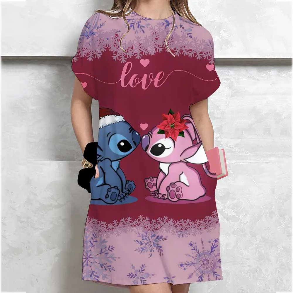 Disney Stitch sukienka z nadrukiem damska kreskówka z krótkim rękawem T-shirt z okrągłym dekoltem sukienka modna spódnica do spania codzienny podstawowy strój