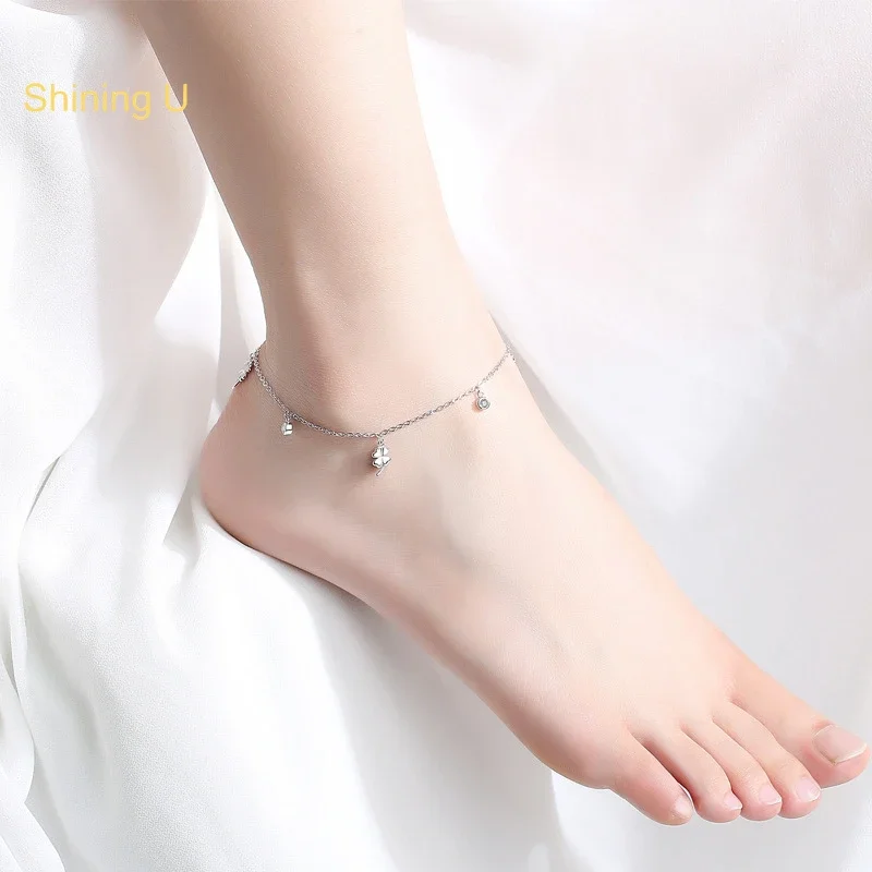 

Shining U S925 Silver Anklet Four Leaf Clover Fine Jewelry for Women Summer Gift