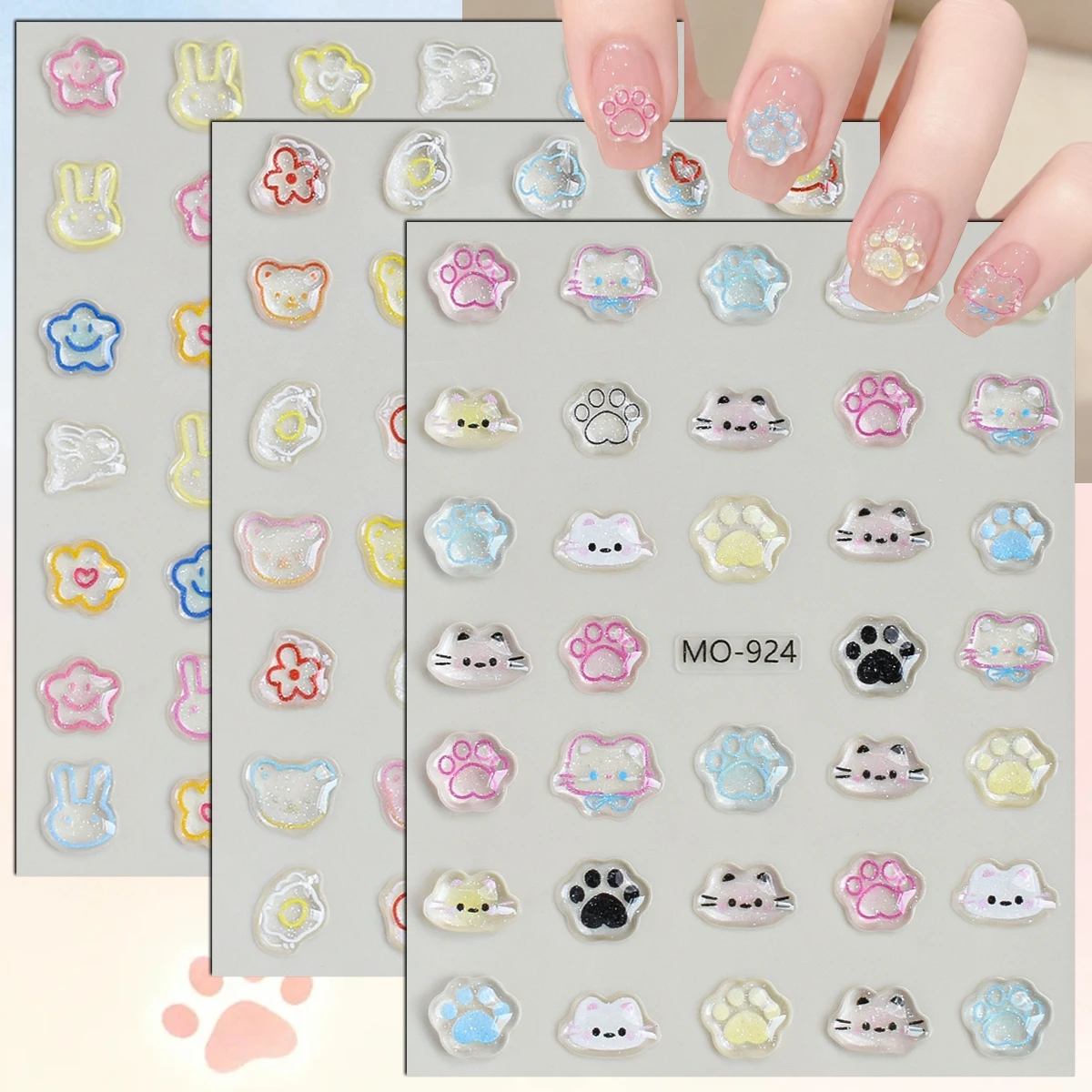 3 to 12 Sheets 5D Kawaii Cat Paw Rabbit Bear Jelly Embossed Self-Adhesive Cute Cartoon Animal Flower Nail Art Stickers