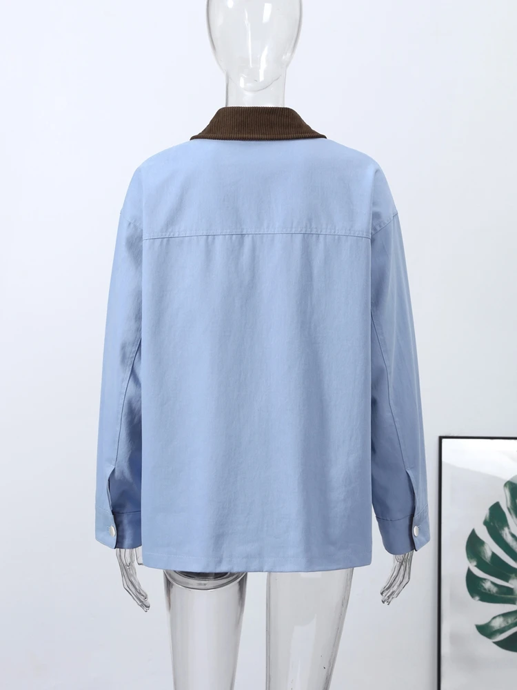 Casual Blue Multi-pocket Jacket Women Lapel Single Breasted Full Sleeve Coat Female 2026 Spring Autumn Lady New Outwear