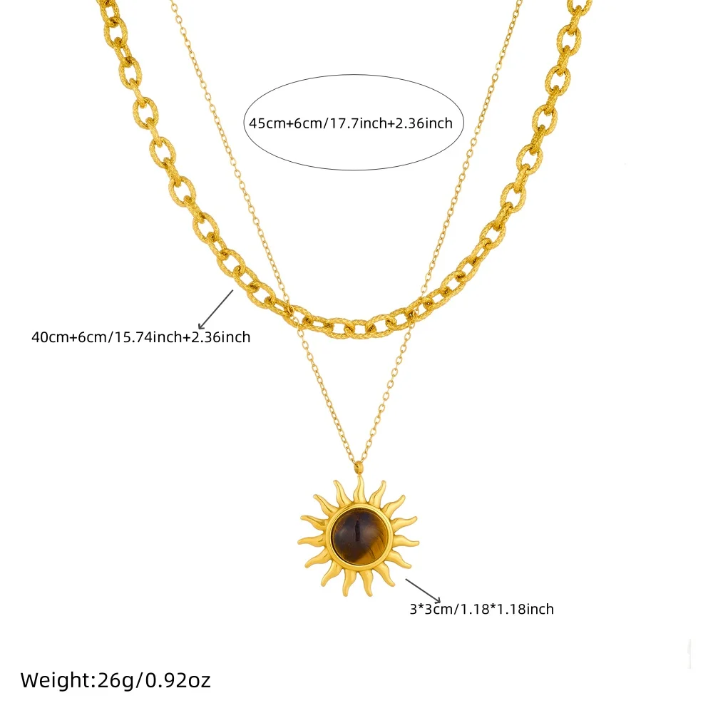 Stainless Steell Sun Tiger-eye Pendant Double-layer Necklace For Women New Trend Neck Chain Waterproof Jewelry Gift