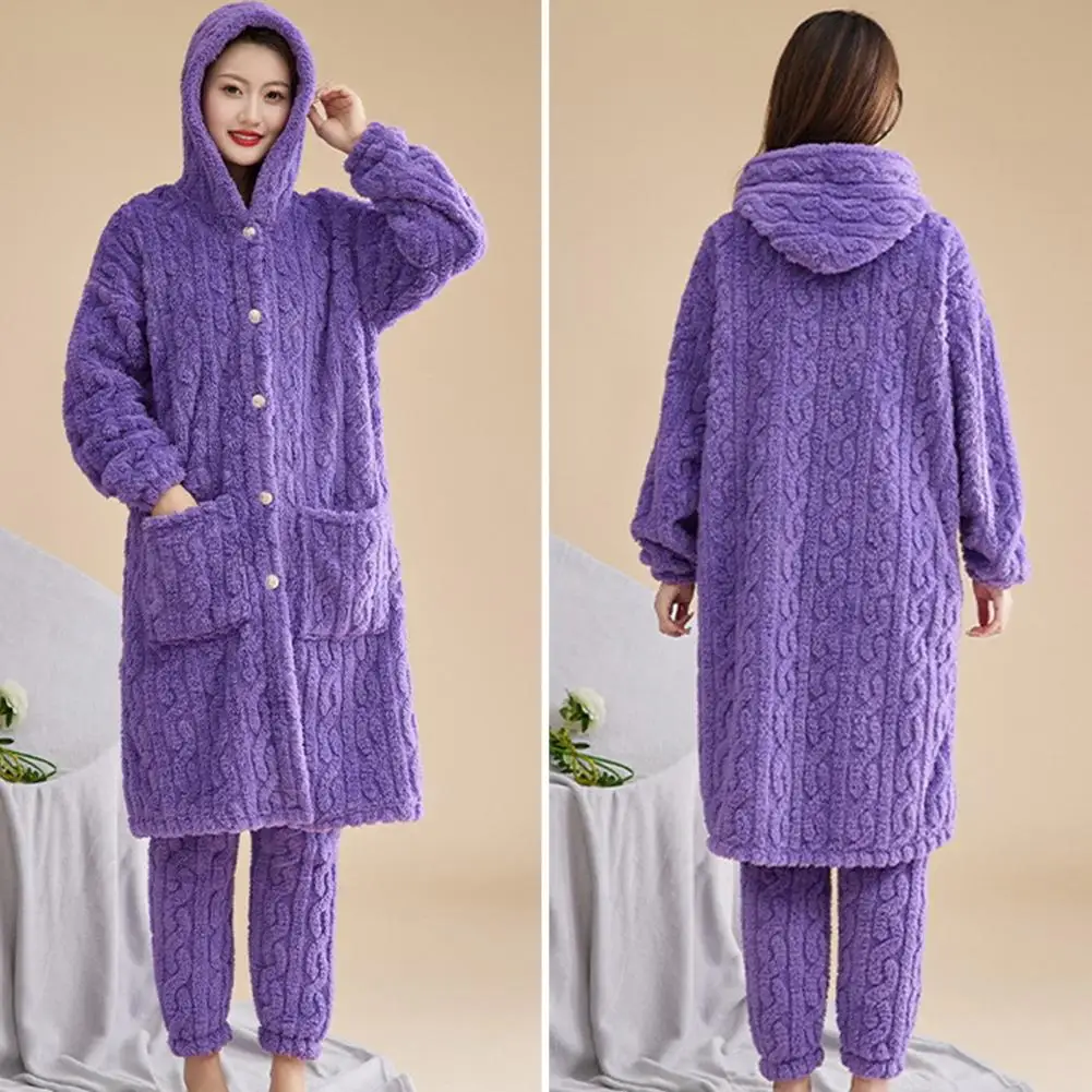 

Cozy Women Pajamas Cozy Winter Women's Bathrobe Pants Set with Fleece Lining Hooded Robe Pockets Warm Homewear Pajamas for Cold