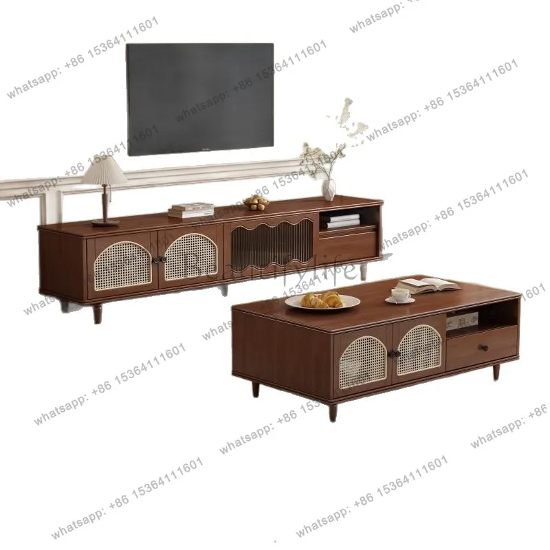 Medieval rattan solid wood coffee table new small apartment living room home