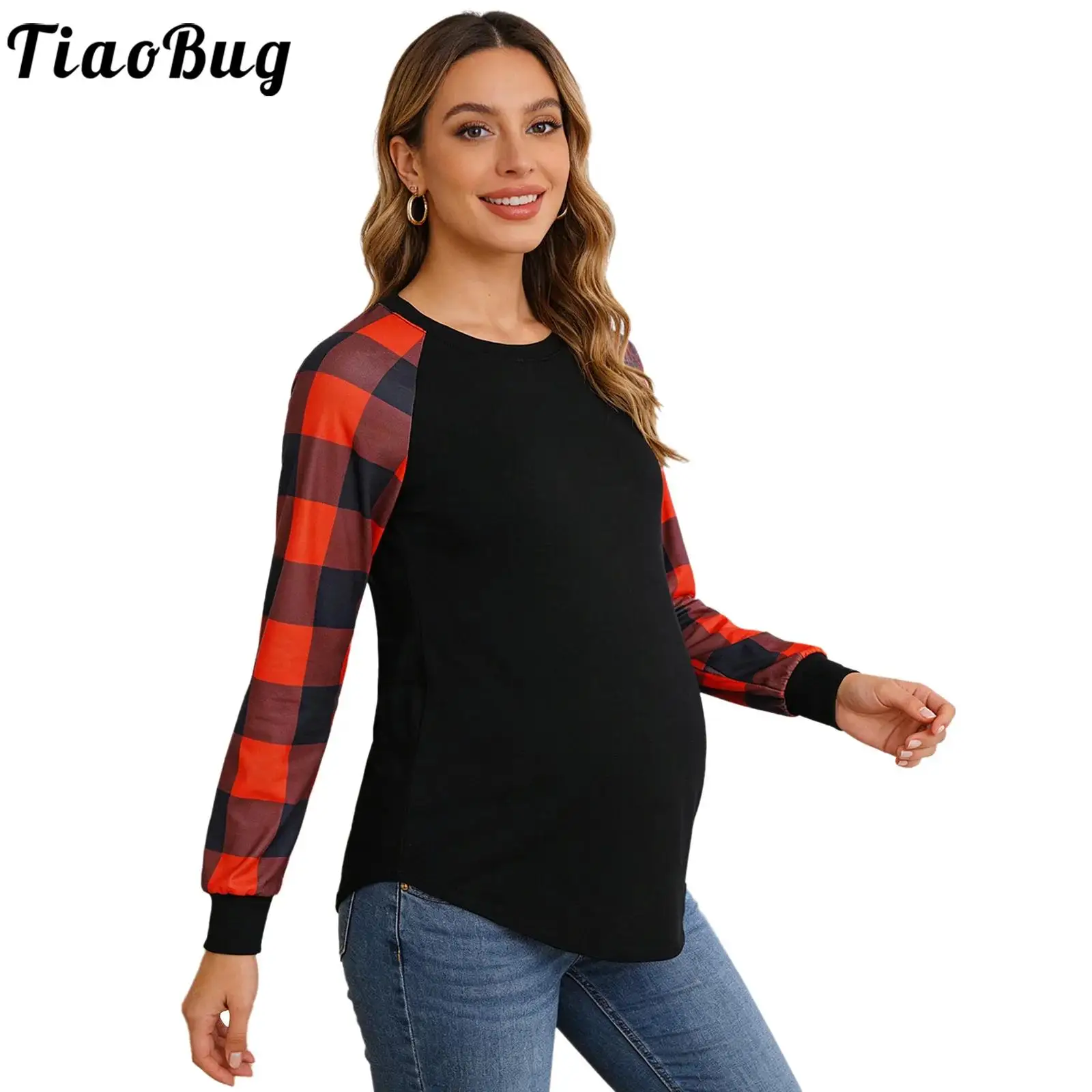 

Одежда для беременных, весенне-осенняя клетчатая футболка с длинными рукавами, топ с круглым вырезом и изогнутым краем, повседневные блузки для беременных, футболки