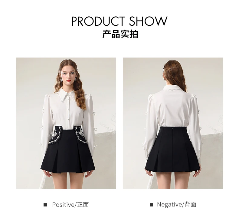 Sweet Skirt Suit Women Blouse Top 2024 Spring Summer New Puff Sleeve White Shirt Slimming Rhinestone Black Skirt Two-Piece Set