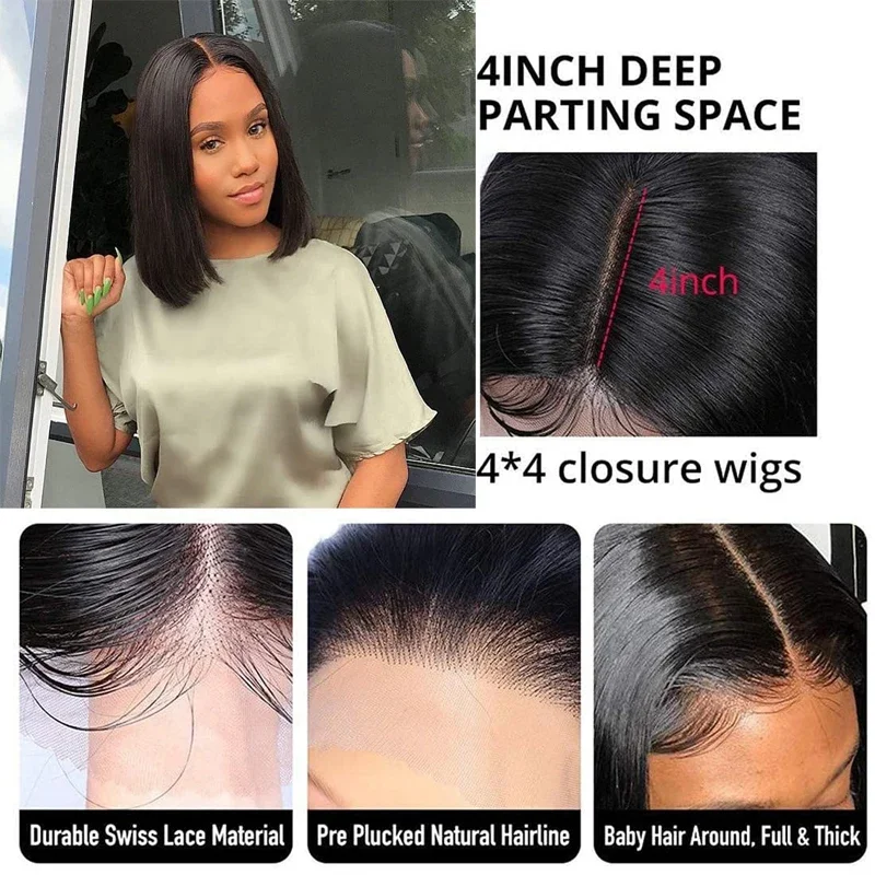 100% Human Hair 4x4 Lace Front Short Straight Bob Lace Wig Pre Plucked Natural Hairline 150% Density Wig for Women