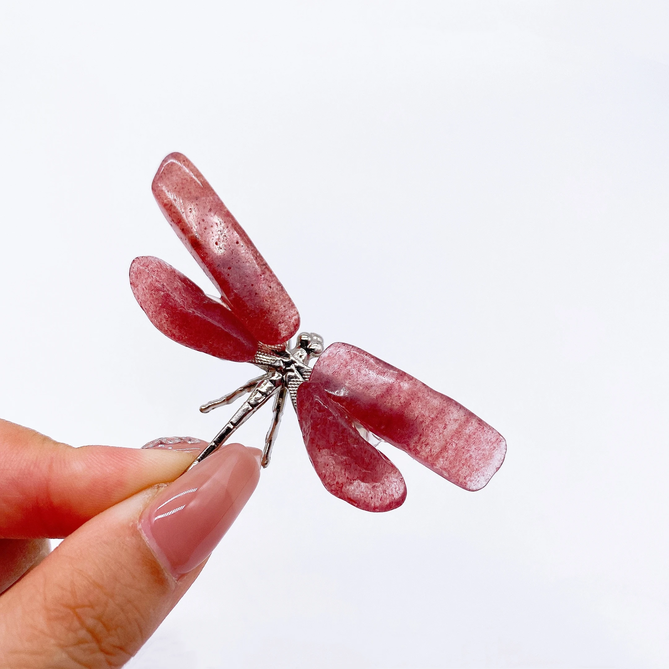 1PC Natural Pink Strawberry Quartz Dragonfly Crystal Stone spar crafts Butterfly Statue Reiki Healing Home Decor Children Gift