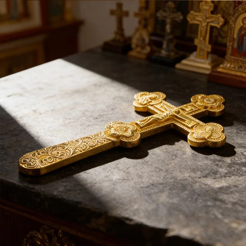 HTISOK Neues Elegantes Goldfarbenes Orthodoxes Handkreuz mit Blumengravuren für Gottesdienste und Persönlichen Spirituellen Schutz – Detail 14