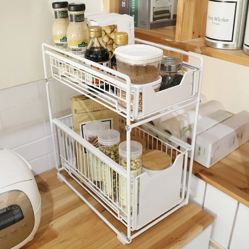 Under The Kitchen Sink Storage Rack Drawer Type Can Be Pushed and Pulled Under The Cabinet Telescopic Double Shelf