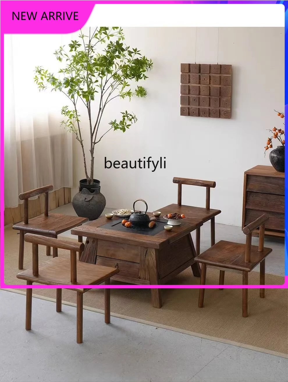 C89 Estufa de olmo antigua para hacer té, mesa de té al aire libre, balcón, mesa cuadrada para salón de té en familia