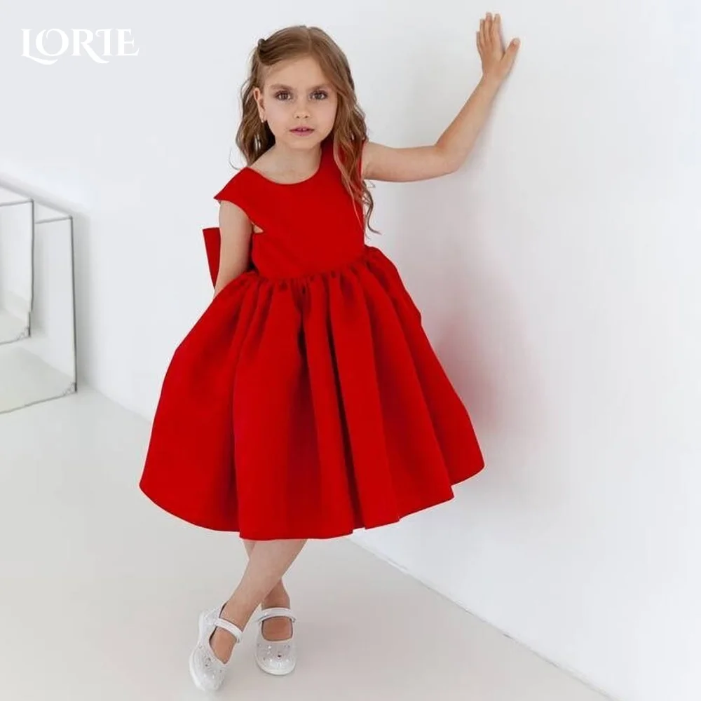 LORIE Girl Peony Red  Bow High Collar A-Line Straight Tutu Tulle Party Rose Flower Girl Dress Csustomized Flowers Girls Dress