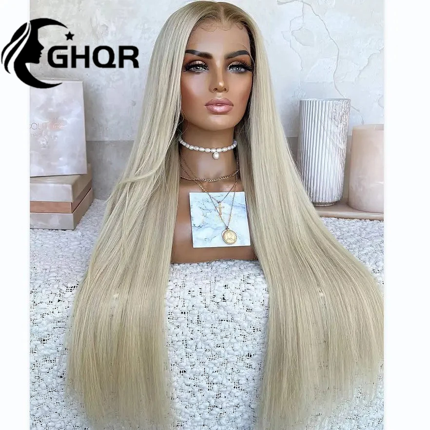 Platinum Blonde Straight Lace Front Full lace Wig Brown Roots HD Transparent Lace Forntal Wig Brazilian Virgin Human Hair Wigs