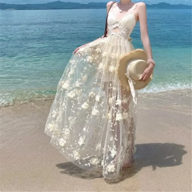 Abito lungo sexy con scollo a V scavato, per le vacanze estive, con spalline in pizzo, abito lungo con ricamo floreale, spiaggia, fata al mare, abito con bretelle a linea