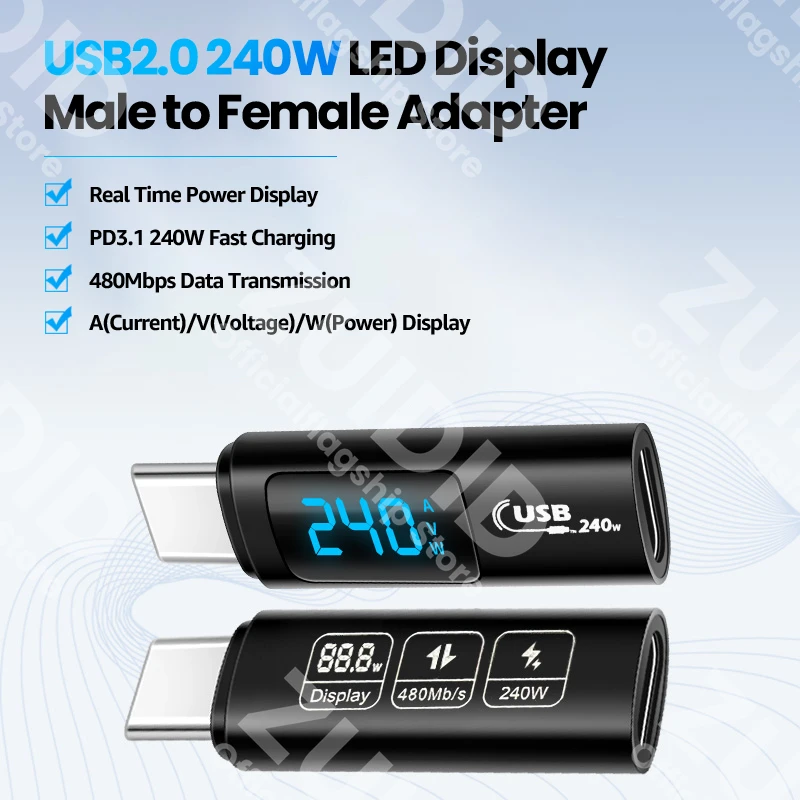 LED Display PD240W USB Type C to C OTG Adapter 5A Fast Charging Converter for iPhone 15 MacBook Pro iPad Samsung Galaxy Xiaomi