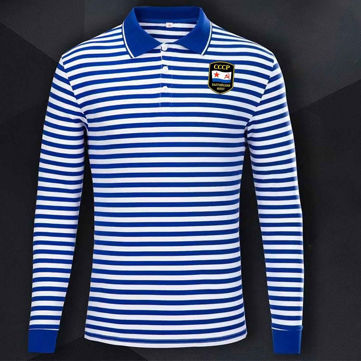 Russian CCCP Soviet Navy Fleet Badge Printed Sailor Striped Polo Shirts New 100% Cotton Long Sleeve Stripes Mens T-Shirt