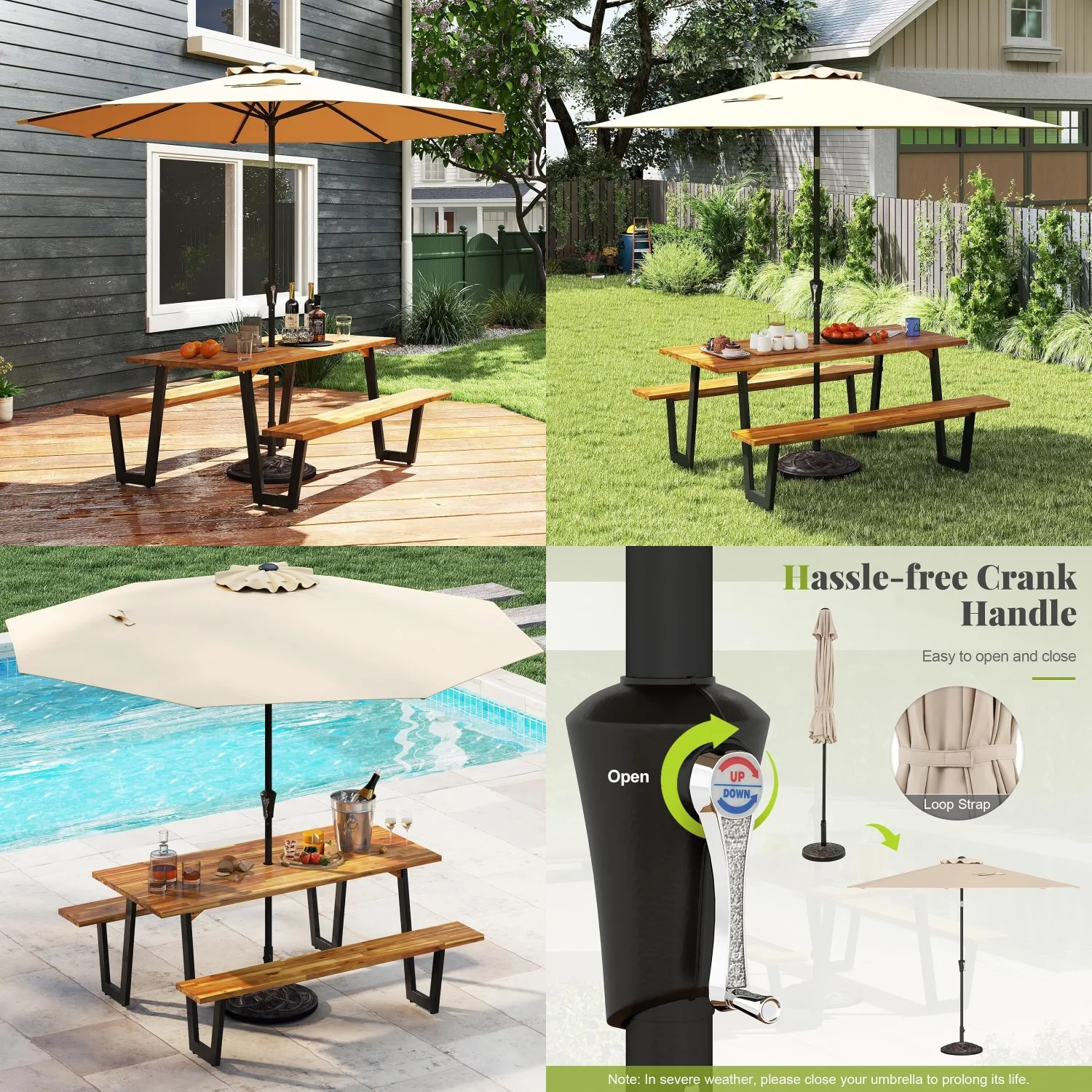 

Набор для пикника из акации 70 дюймов, с основанием для зонта 10 футов, сверхпрочная уличная обеденная скамья, всепогодная, для патио и сада, на 6 человек, на заказ