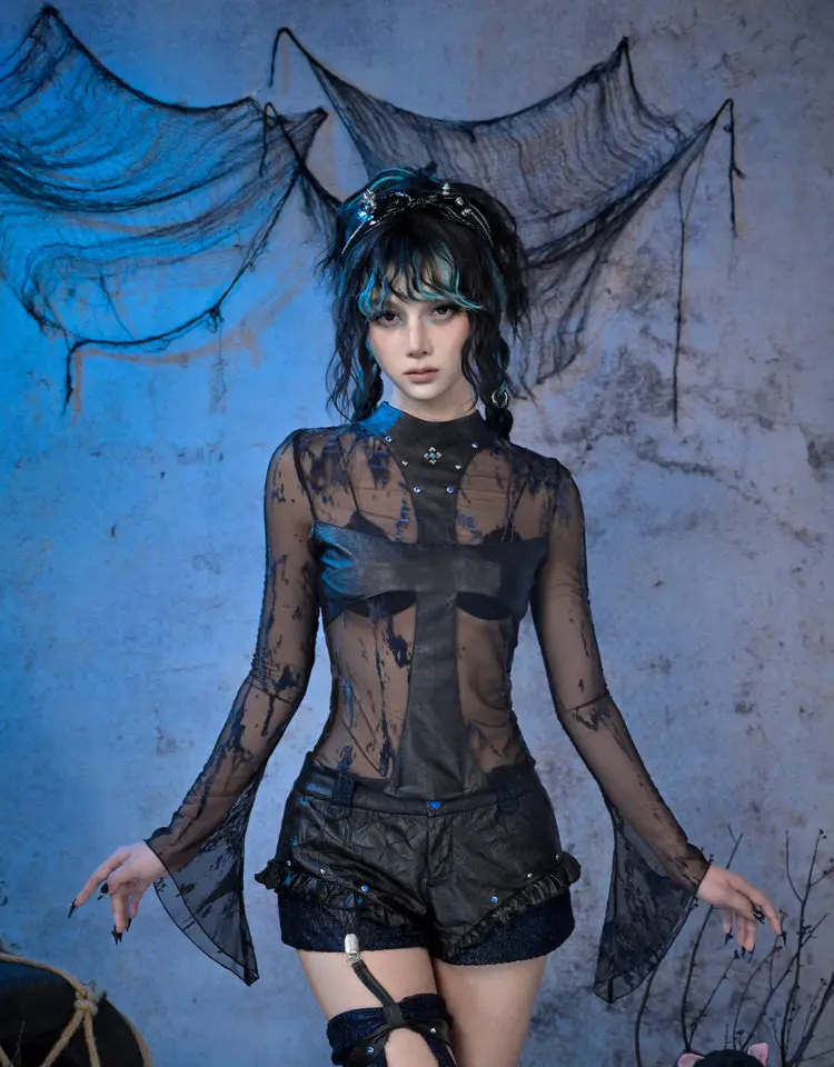 Virtual Orbit Original Design Hot Girl Y3k Cross Patch Long Flare Sleeve Transparent Blouse Shirt Gothic Punk Bottom Shirt Women