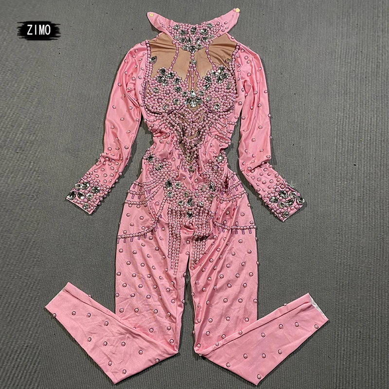 Sparkling Crystal Pearl Sexy Jumpsuit Women Pink Fashion Bodysuit Dance Costume Stage Performance Female Singer Stretch Costume