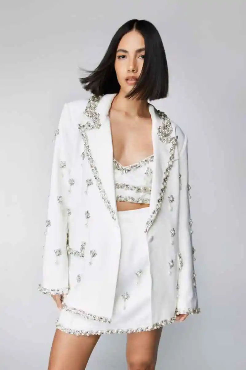 3 Pieces Sparkly Women Blazer Sets Customized Crystal Beading Jacket Set Ladies Pants Suits Formal Wedding Guest Wear