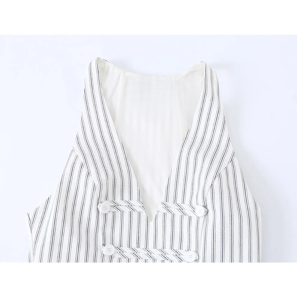 Elegant Fashion Women Striped Button Mini Dresses New in Summer Chic V-neck Sleeveless Dresses with Fabric Appliqué and Buttons