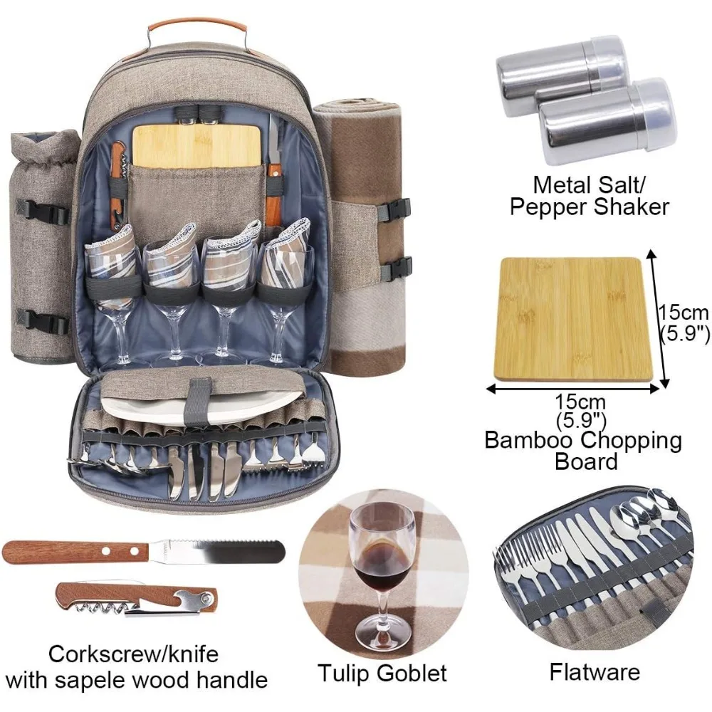 Picnic Backpack for 4 Person with Blanket Picnic Basket Set for 2 with Insulated Cooler Wine Pouch Picnic Backpack