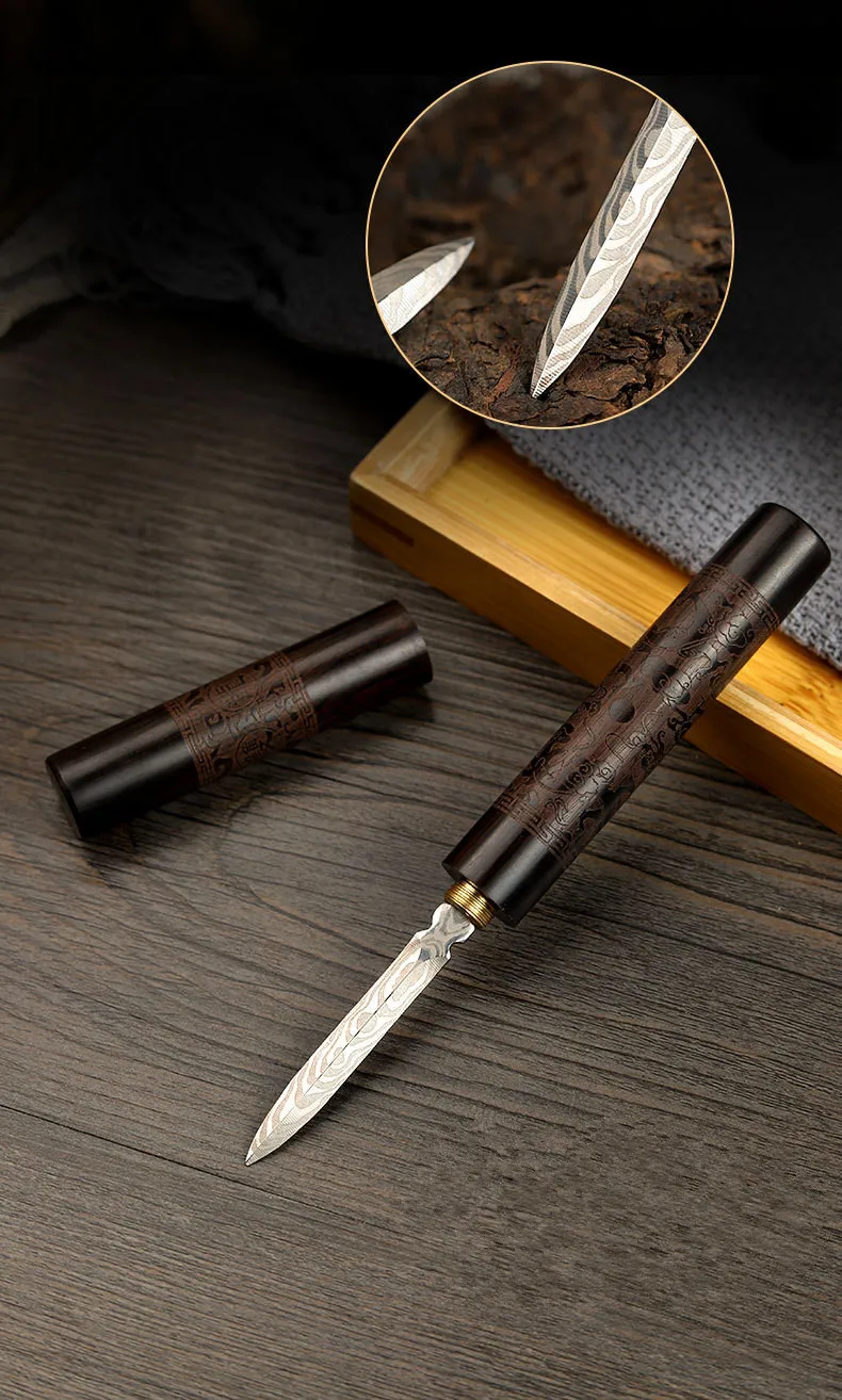 1Pcs Damascus Pattern Steel Tea Needle Carved ebony Pu\'er tea knife pattern steel black tea needle for tea ceremony spare parts